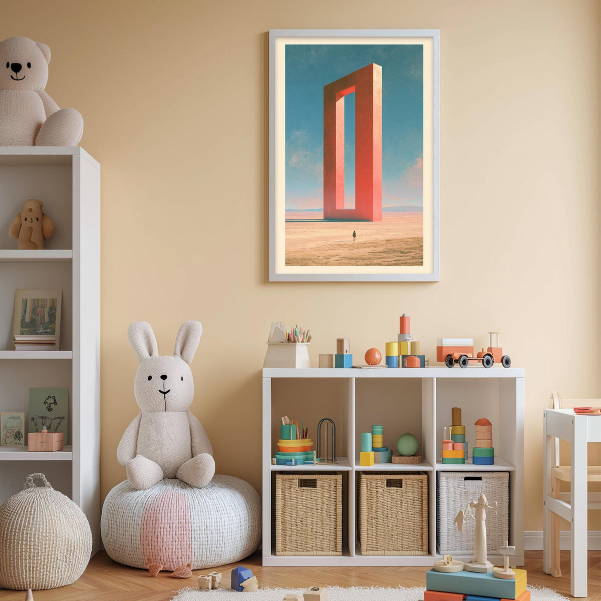 a child's bedroom with a large stuffed rabbit sitting on a white bean bag chair, surrounded by various toys and storage bins. A framed artwork of a red and blue abstract structure is displayed on the wall above a white bookshelf.