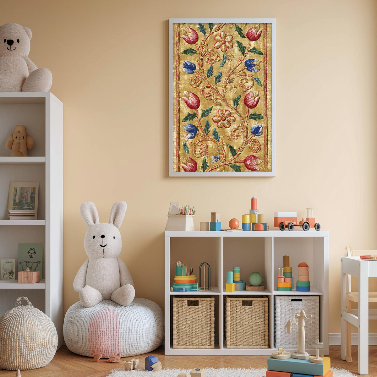 A cozy and colorful children's bedroom with a large stuffed rabbit, a bookshelf, and a toy chest filled with toys. The walls are painted a light peach color, and a framed floral artwork hangs above the bookshelf.