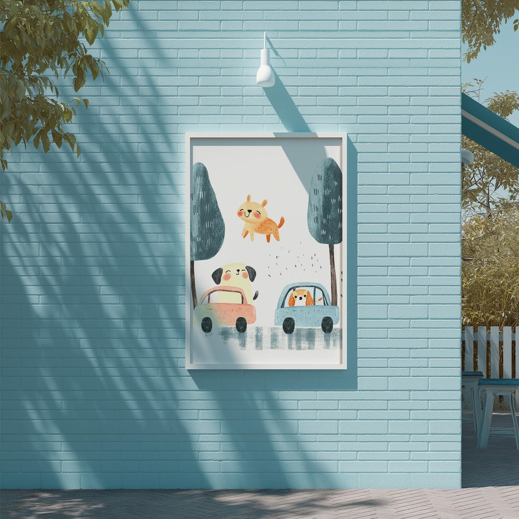 a blue brick wall with a framed illustration of a cartoon scene depicting a dog, a cat, and a car.