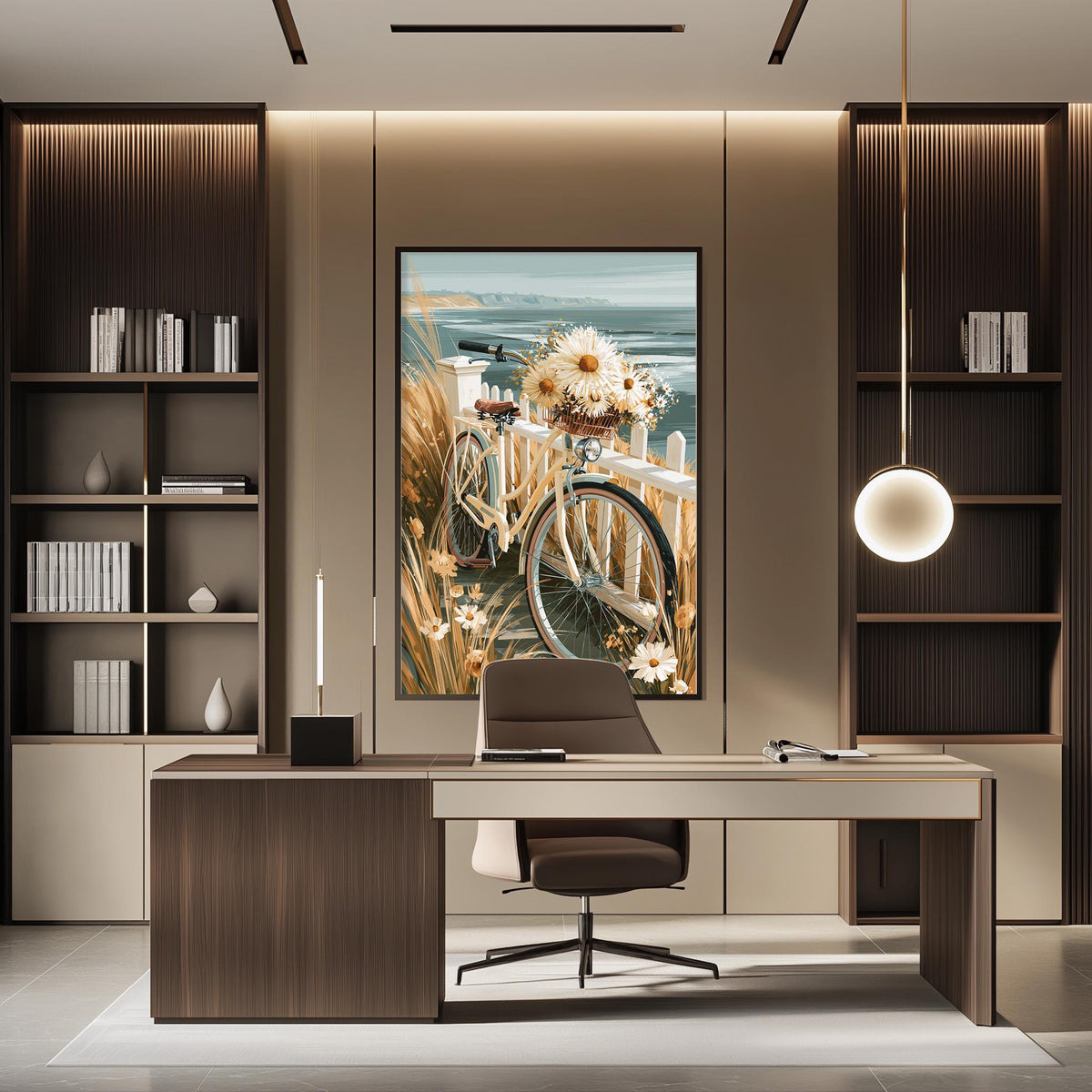 a modern and well-lit office space with a large painting of a bicycle and flowers on the wall. The office features a wooden desk, a comfortable chair, and a bookshelf filled with books. The overall design and decor create a pleasant and inviting atmosphere.