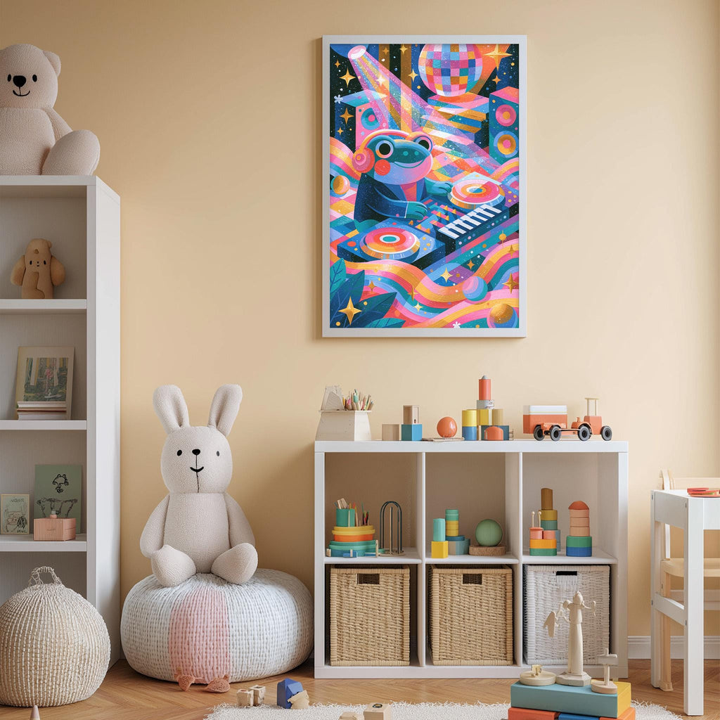 A child's bedroom with a large, colorful poster of a frog playing a musical instrument on the wall, surrounded by various toys and storage bins.