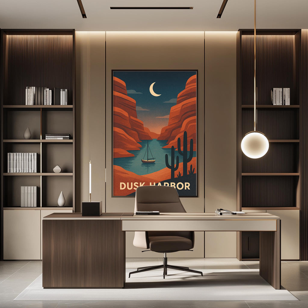 a modern office space with a large framed poster of a desert landscape hanging on the wall, a desk with a chair, and built-in bookshelves.
