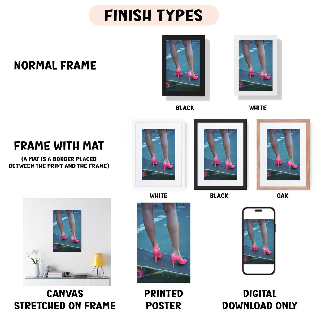 various types of framed artwork, including a normal frame, a frame with a mat, a white frame, a black frame, an oak frame, a white canvas stretched on a frame, a printed poster, and a digital download only.