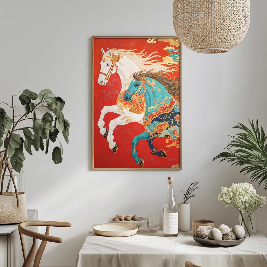a vibrant red and gold painting of two horses, one white and one blue, with intricate designs and patterns. The painting is hung on a white wall above a dining table, which is set with various items such as a bowl, a bottle, and a vase. The table is surrounded by chairs, and there are potted plants and other decorative elements in the room, creating a cozy and inviting atmosphere.