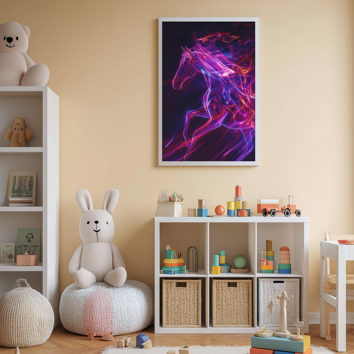 A child's bedroom with a white bookshelf, a stuffed rabbit, and a colorful abstract painting on the wall.