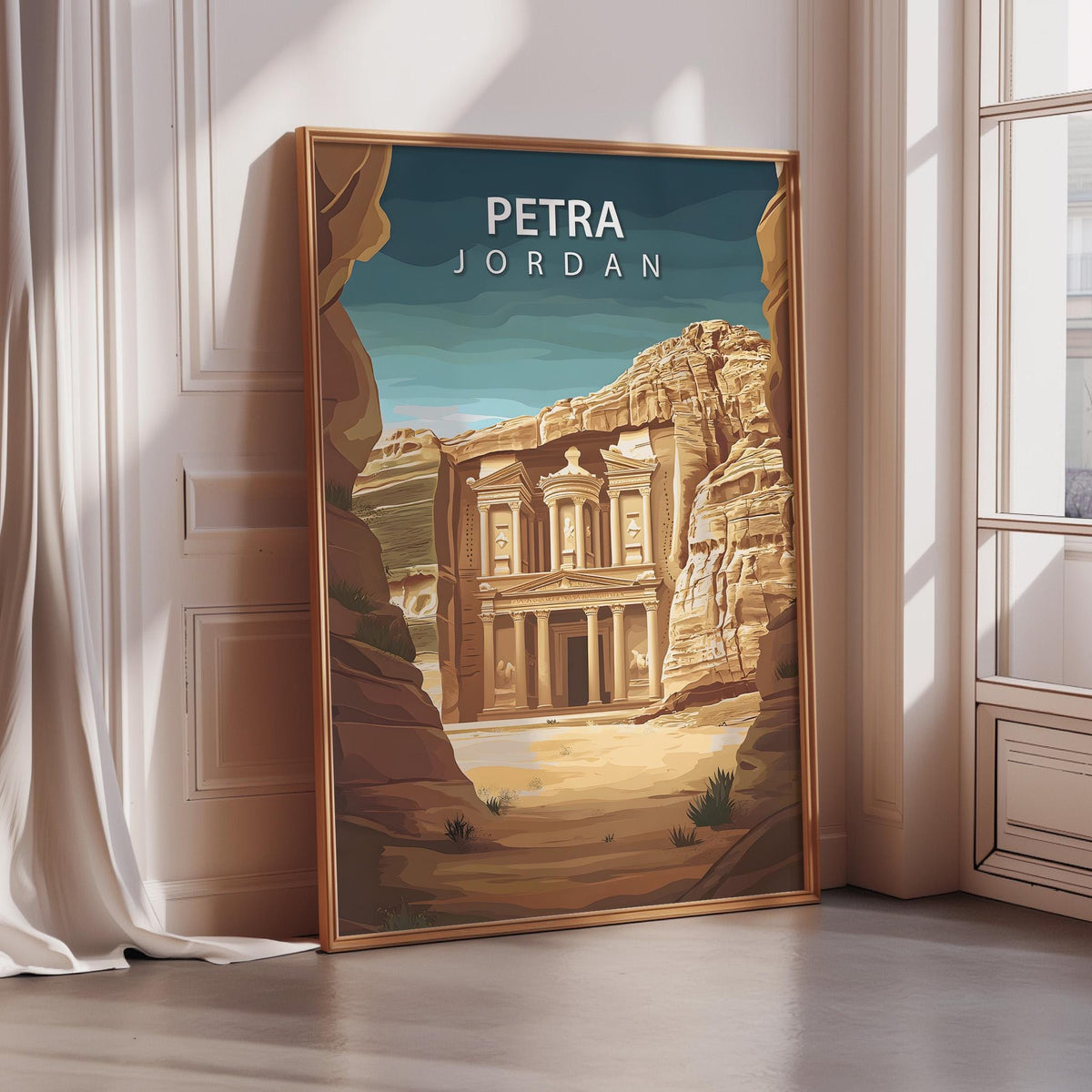A framed poster depicting the ancient city of Petra, Jordan, with the name "PETRA" prominently displayed at the top.