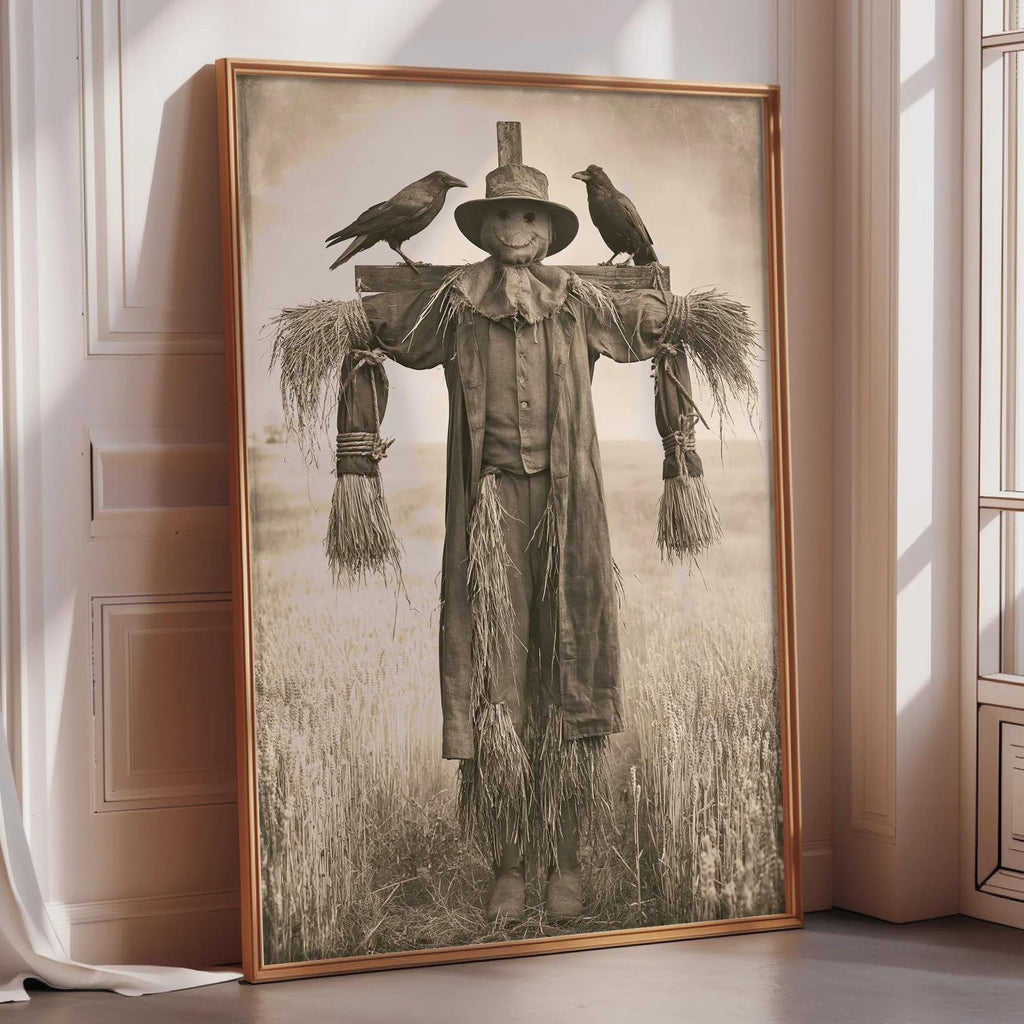 A framed black and white photograph depicting a scarecrow standing in a field, with two birds perched on its back.