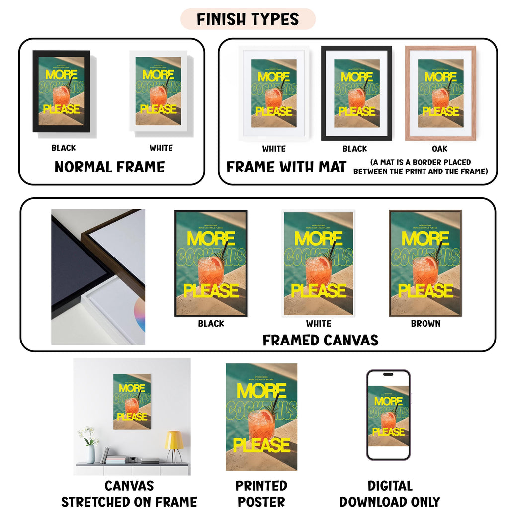 various finish types for framed artwork, including "NORMAL FRAME", "FRAME WITH MAT", "BLACK", "WHITE", "BLACK", "OAK", "NORMAL FRAME", "FRAME WITH MAT", "WHITE", "BLACK", "BLACK", "BROWN", "FRAMED CANVAS", "CANVAS STRETCHED ON FRAME", "PRINTED POSTER", and "DIGITAL DOWNLOAD ONLY".