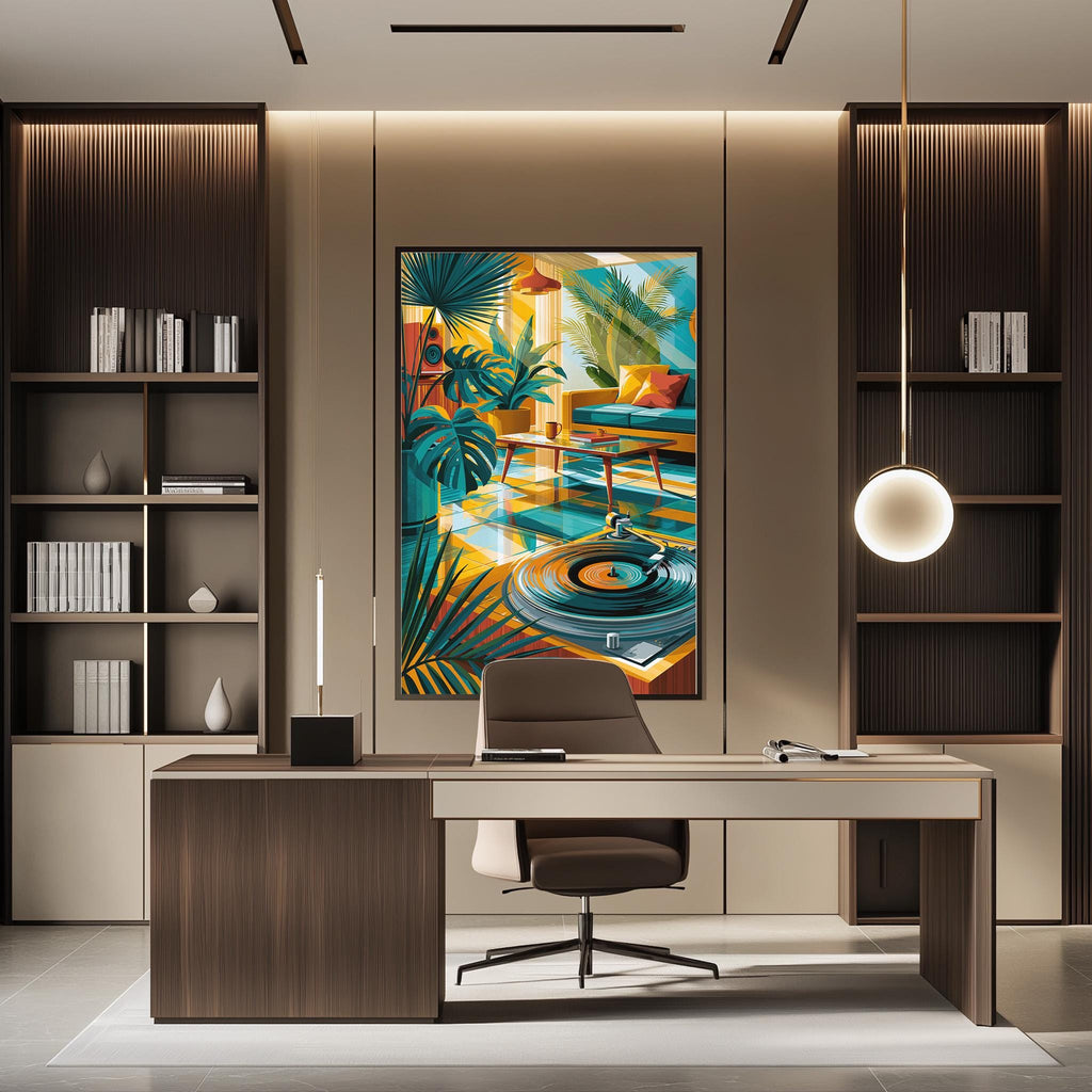 a modern and stylish home office with a large framed painting of a tropical scene hanging on the wall above a wooden desk with a chair.