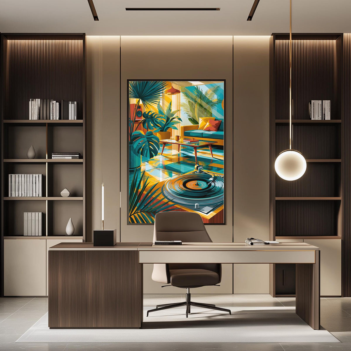 a modern and stylish home office with a large framed painting of a tropical scene hanging on the wall above a wooden desk with a chair.