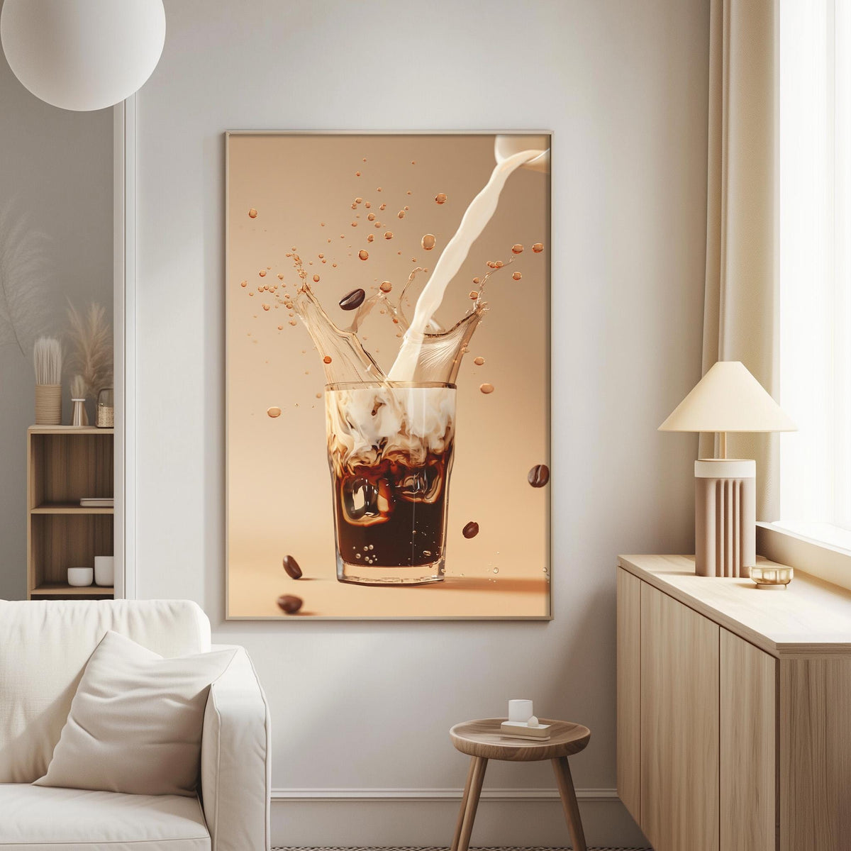 a glass of iced coffee with ice cubes, coffee beans, and a splash of liquid, creating a dynamic and visually appealing scene.