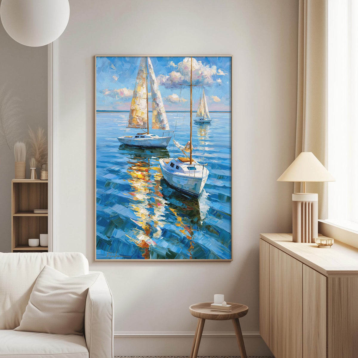 a large painting of two sailboats on the water, hanging on a wall in a living room.