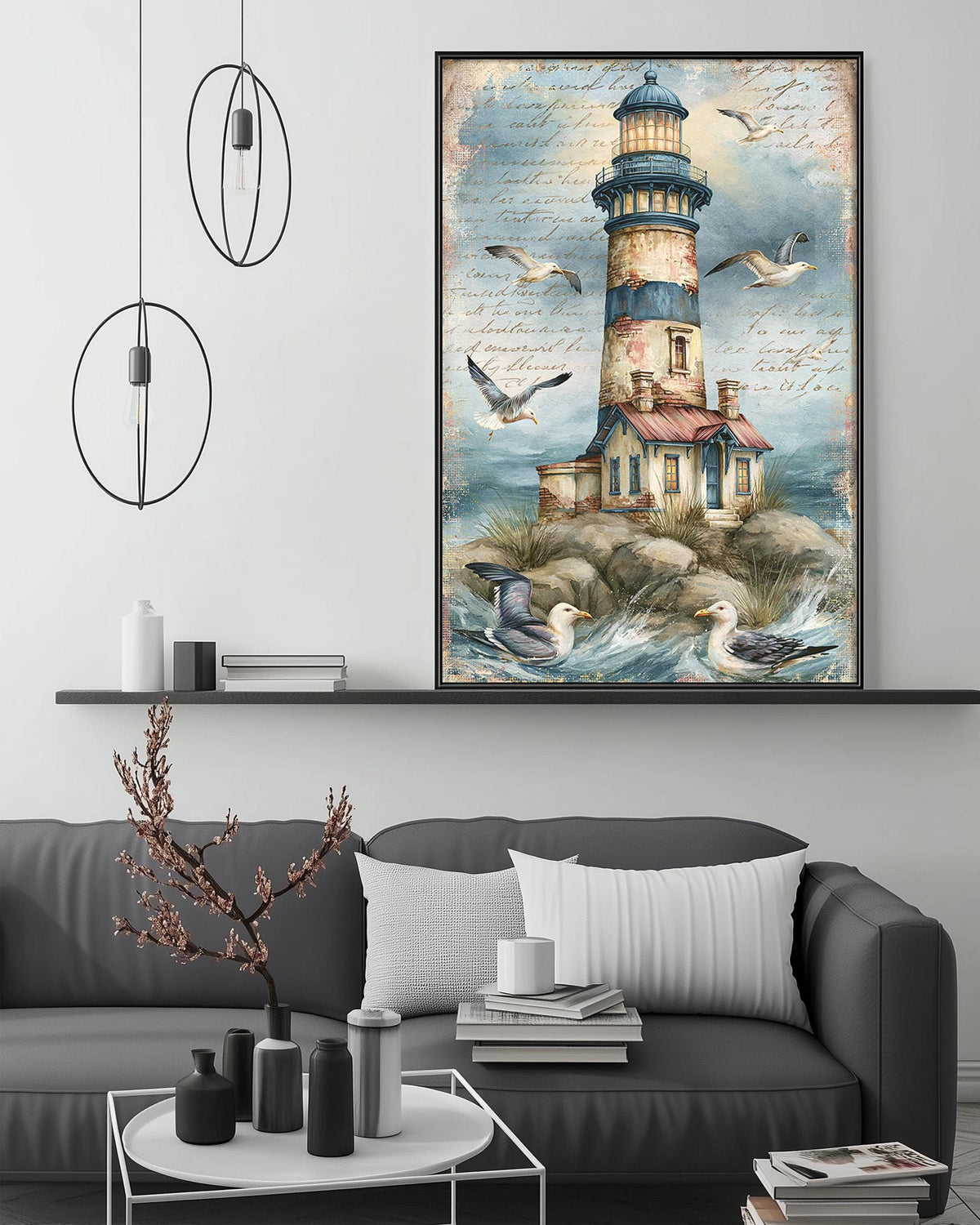 a cozy living room with a gray sofa, a coffee table, and a large framed painting of a lighthouse on the wall above it.