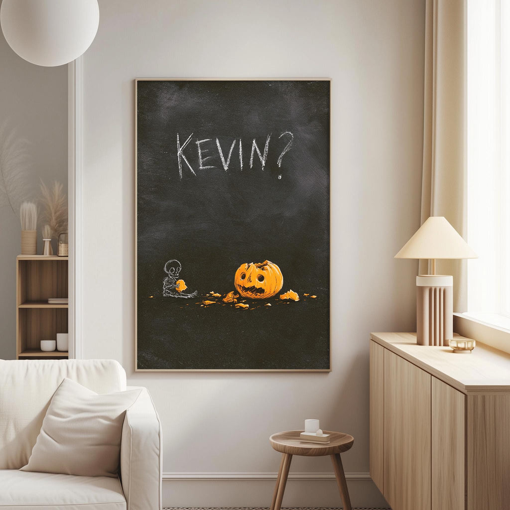 a living room with a white sofa, a wooden side table, and a lamp. Above the sofa, there is a framed artwork depicting a skeleton holding a pumpkin with the word "KEVIN?" written on it.