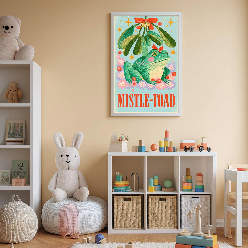 A child's bedroom with a white bookshelf, a stuffed rabbit, and a framed poster of a frog on the wall.