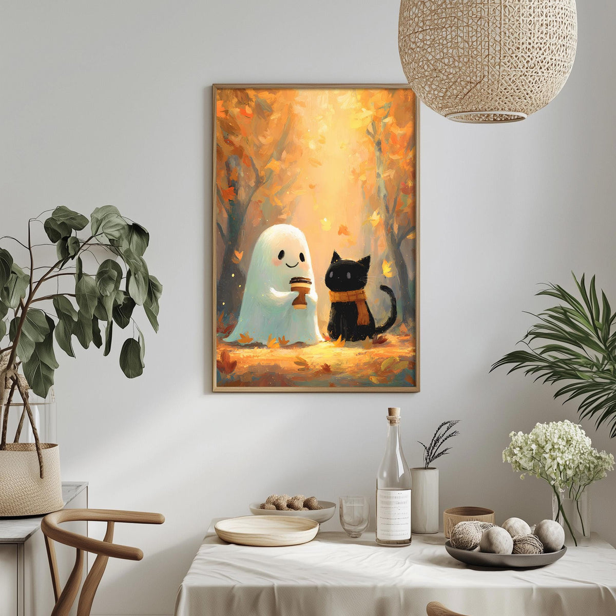 a cozy and whimsical scene with a ghost, a cat, and a table set for a meal. The table is adorned with various items, including a bottle, a bowl, and a vase, creating a warm and inviting atmosphere. The room is decorated with potted plants and other home decor elements, adding to the overall charm of the scene.