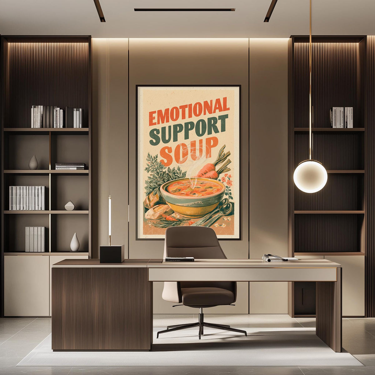 a modern office space with a large framed poster on the wall that reads "Emotional Support Soup". The poster has an illustration of a bowl of soup and the text "Emotional Support Soup" written in bold letters. The office has a wooden desk and chair, and there are bookshelves on either side of the desk.