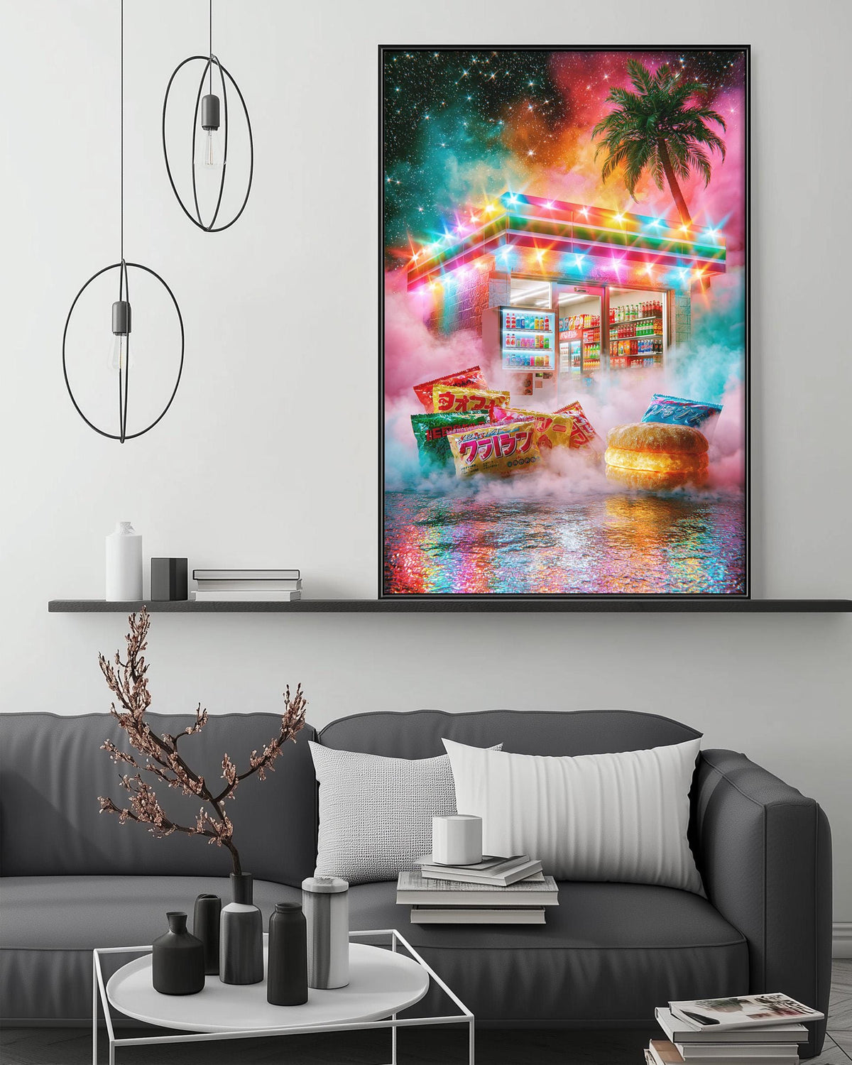 a vibrant and colorful painting of a gas station with a palm tree, neon lights, and a large donut, hanging on a wall above a gray couch in a living room setting.
