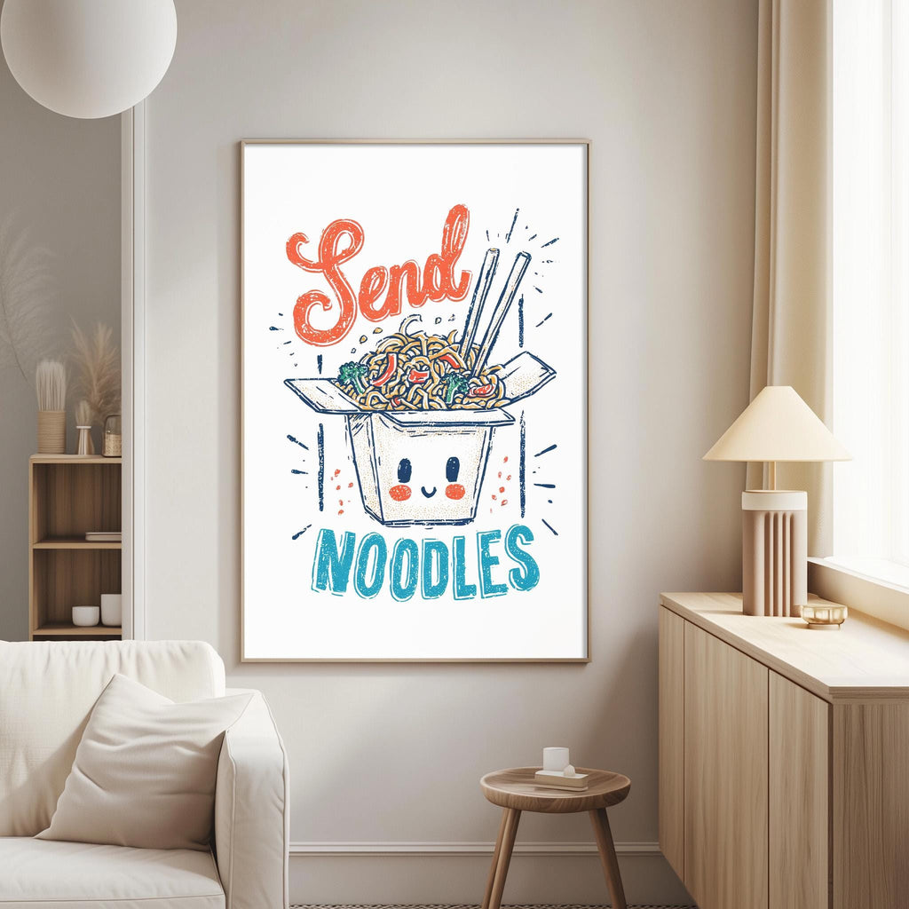 a poster with a cartoon noodle box and the text "Send Noodles" on a wall in a living room.