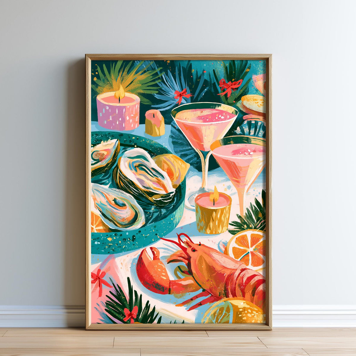 The image is a vibrant and colorful illustration featuring a variety of seafood items, including shrimp, oysters, and lobsters, along with cocktail glasses and candles.