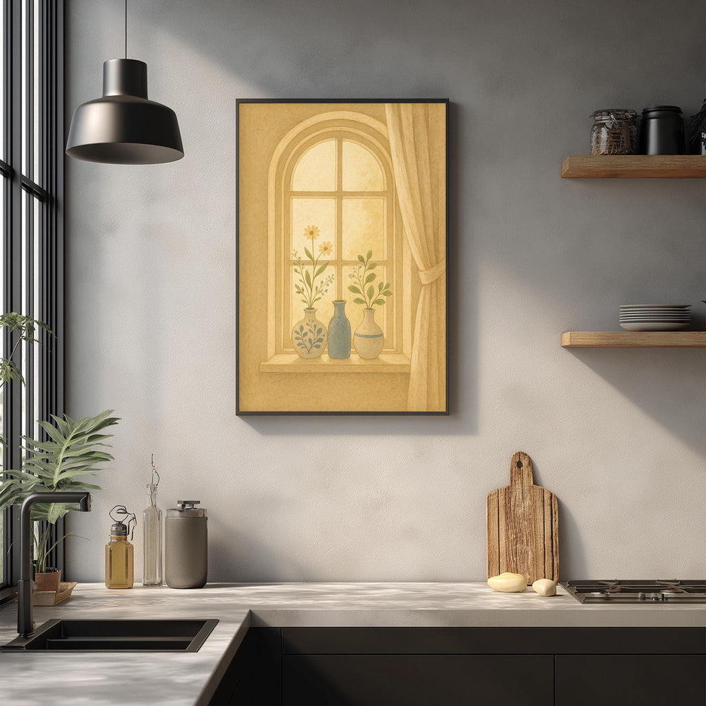 a kitchen scene with a framed picture of a window with plants on the sill, a wooden cutting board, and various kitchen items on the countertop.