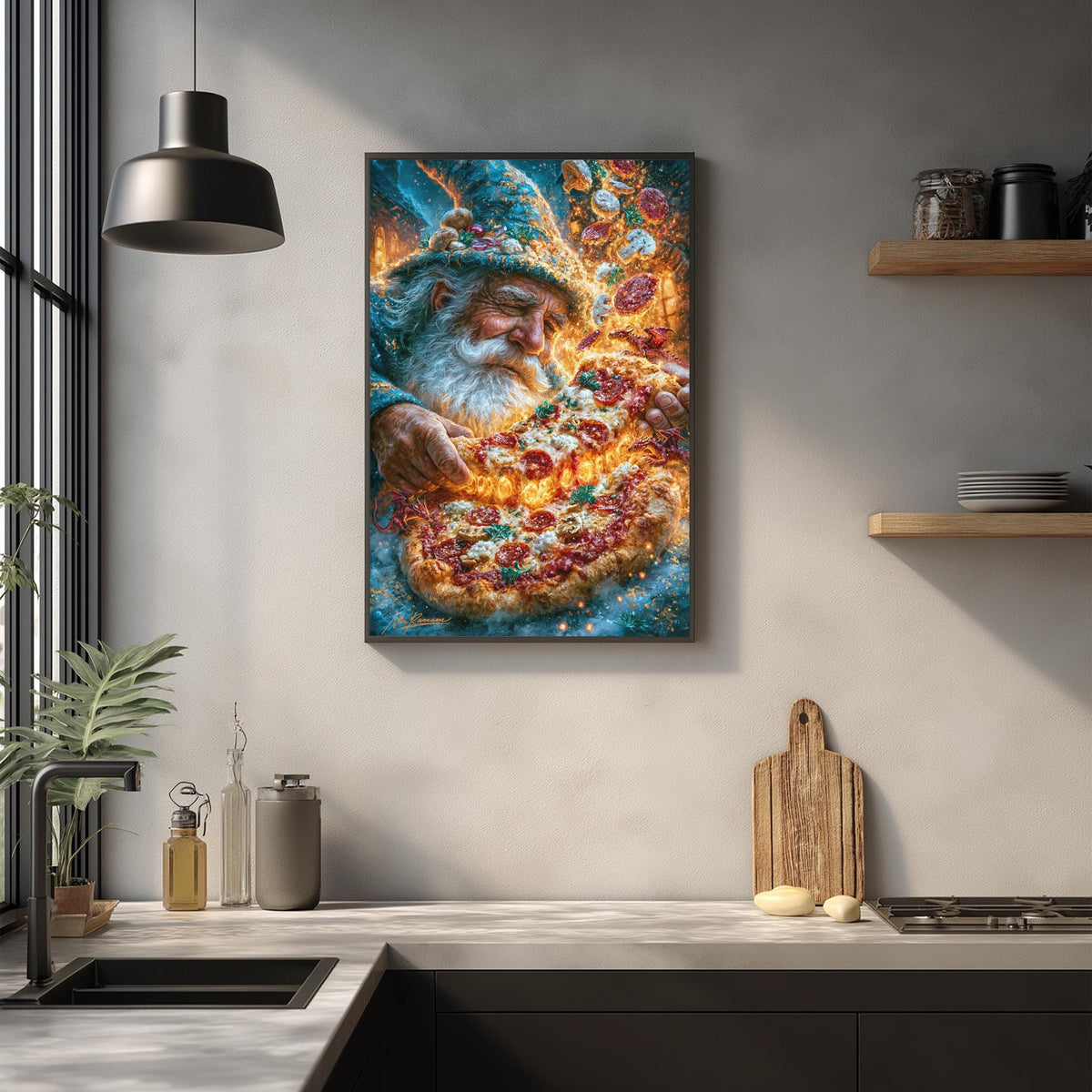 a large, colorful painting of a bearded man holding a plate of food, hanging on a wall above a kitchen counter.