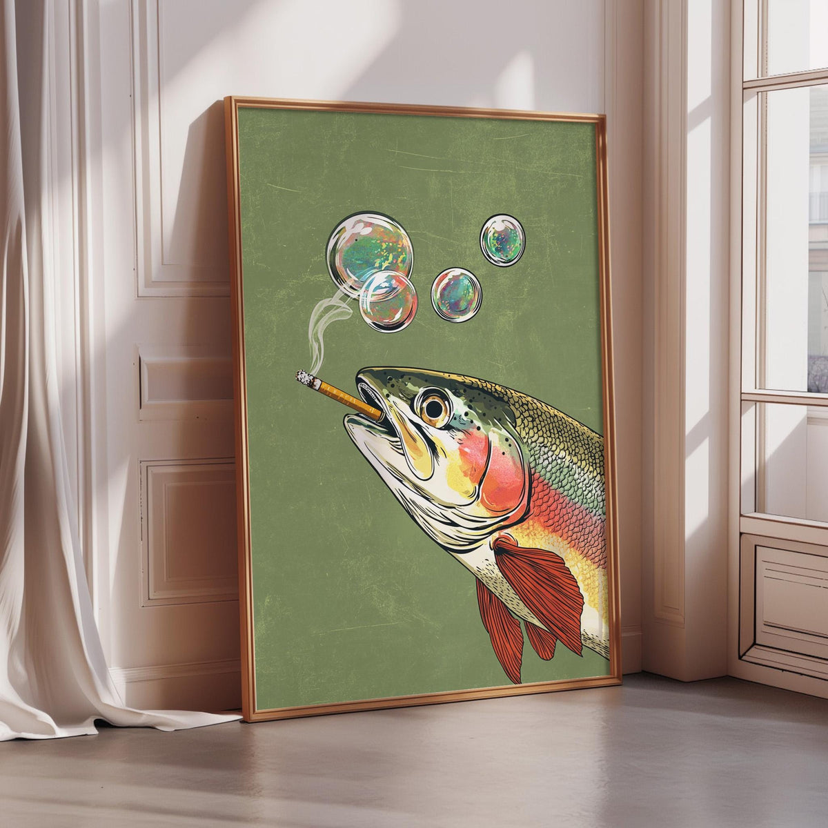 a fish with a cigarette in its mouth, surrounded by bubbles, creating a whimsical and artistic scene.