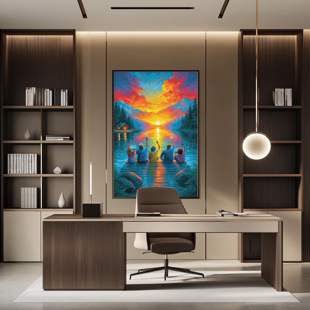 a modern office space with a large painting of a group of people on a lake as the focal point. The painting is hung on the wall above a desk with a chair in front of it. The office also includes built-in bookshelves and a pendant light, creating a stylish and functional workspace.