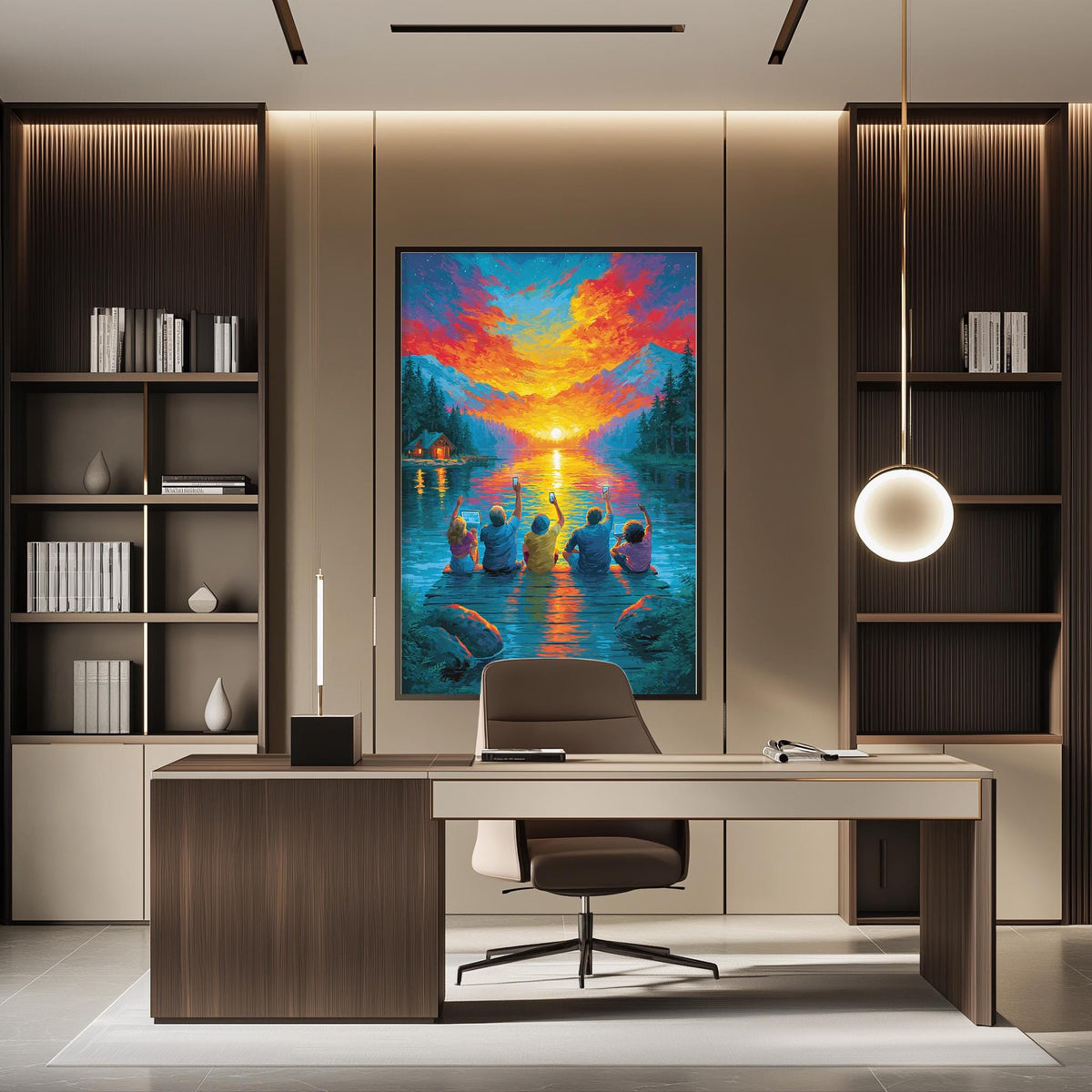a modern office space with a large painting of a group of people on a lake as the focal point. The painting is hung on the wall above a desk with a chair in front of it. The office also includes built-in bookshelves and a pendant light, creating a stylish and functional workspace.