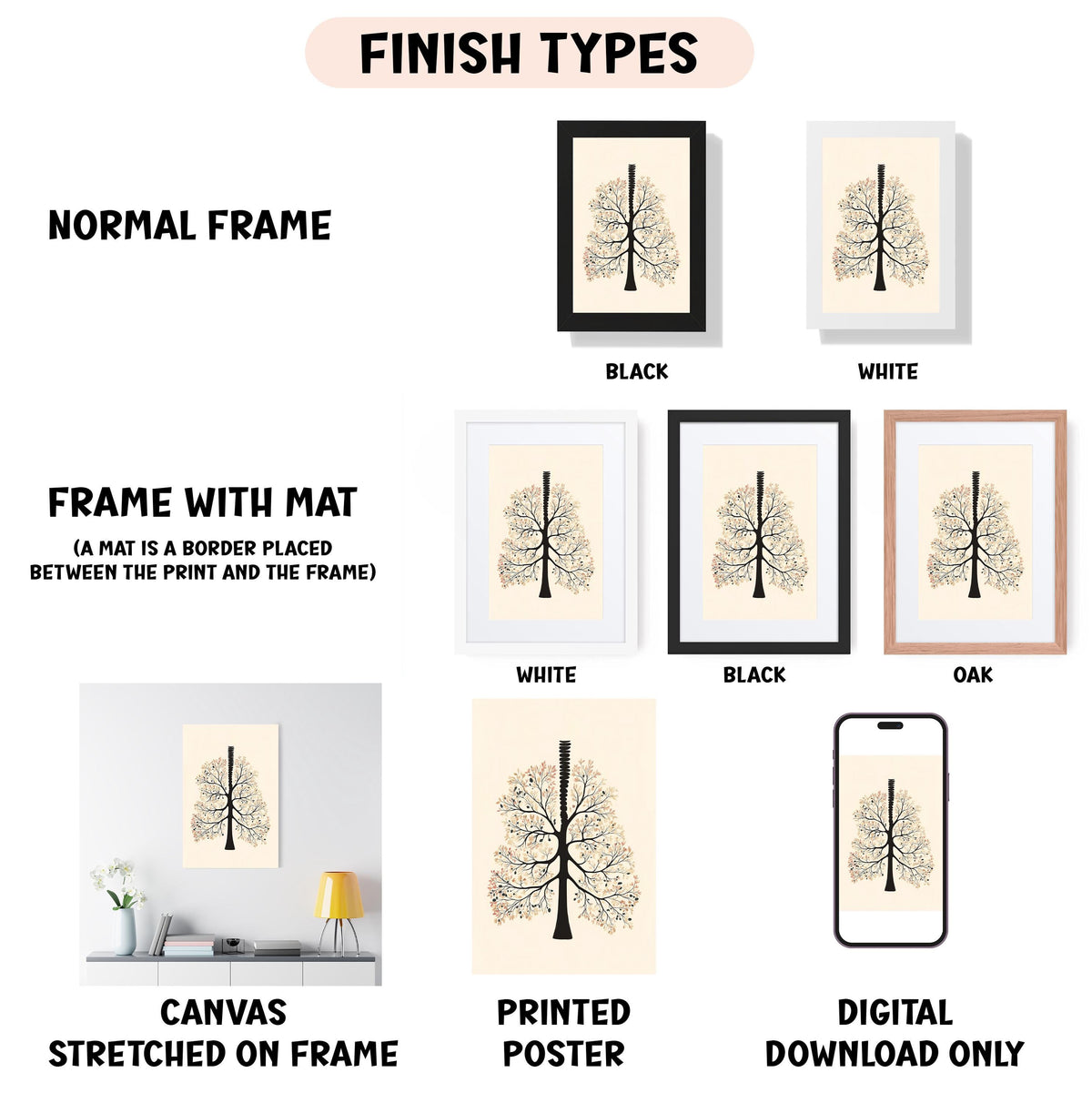 various finish types for artwork, including a normal frame, a frame with a mat, a white frame, a black frame, an oak frame, a white canvas stretched on a frame, a printed poster, and a digital download only.
