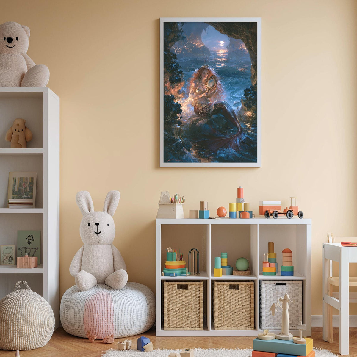 A cozy children's room with a large stuffed bunny, a bookshelf, and a toy chest filled with toys. The walls are painted a light peach color, and there is a framed painting of a mermaid on the wall.