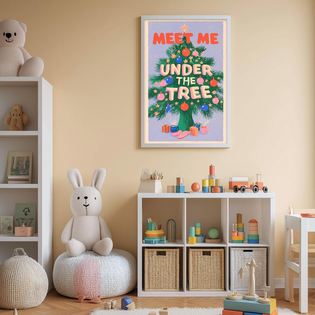 a child's bedroom with a large poster on the wall that reads "Meet me under the tree". The room is filled with various toys, including a teddy bear, a rabbit, and a toy train. The room also has a bookshelf and a storage unit, creating a cozy and playful atmosphere.
