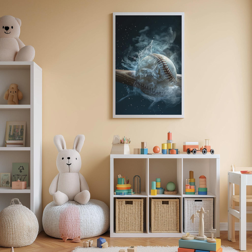 A child's bedroom with a white bookshelf, a stuffed rabbit, and a framed poster of a baseball on the wall.