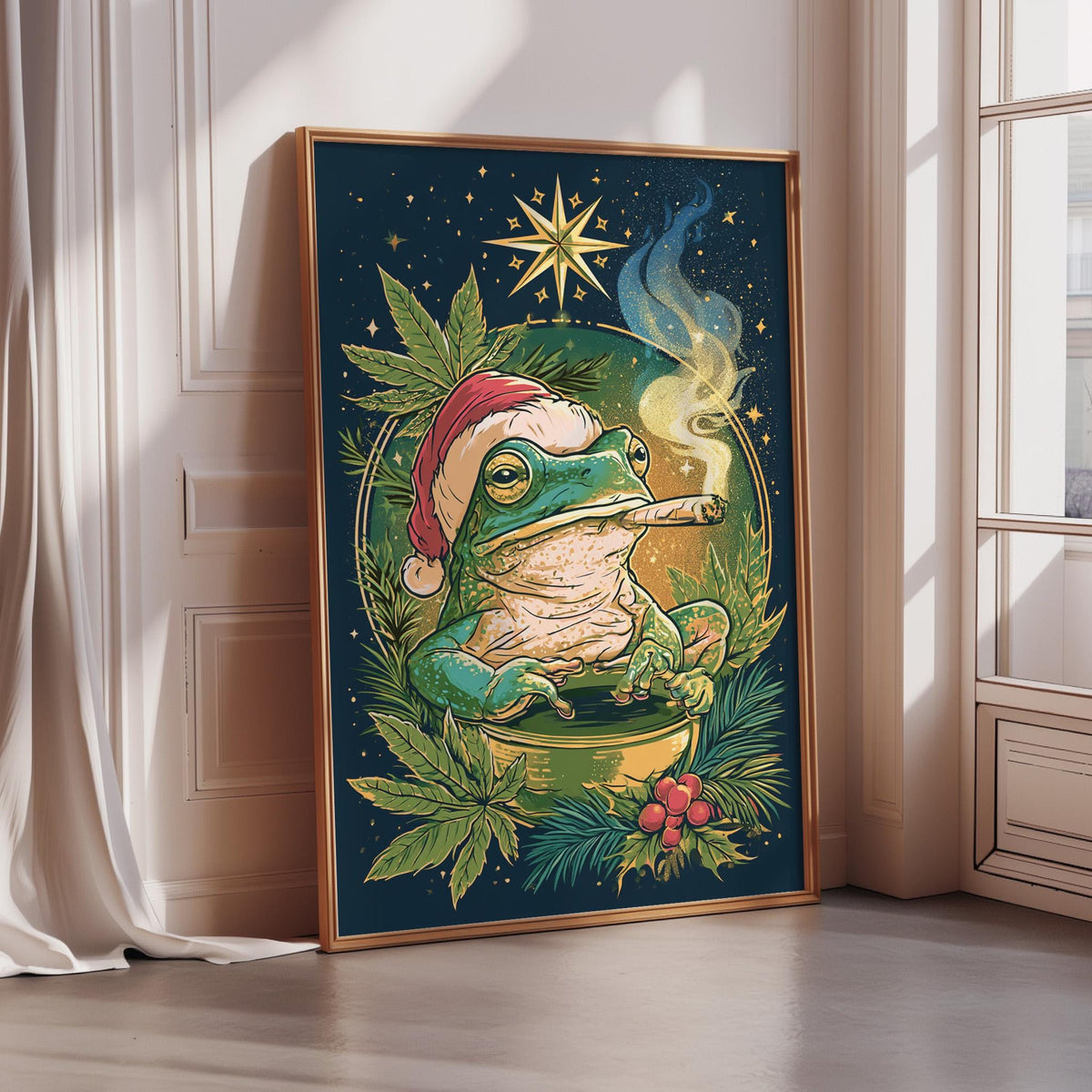 A framed illustration depicting a frog wearing a Santa hat and smoking a pipe, surrounded by a starry night sky and festive holiday elements.
