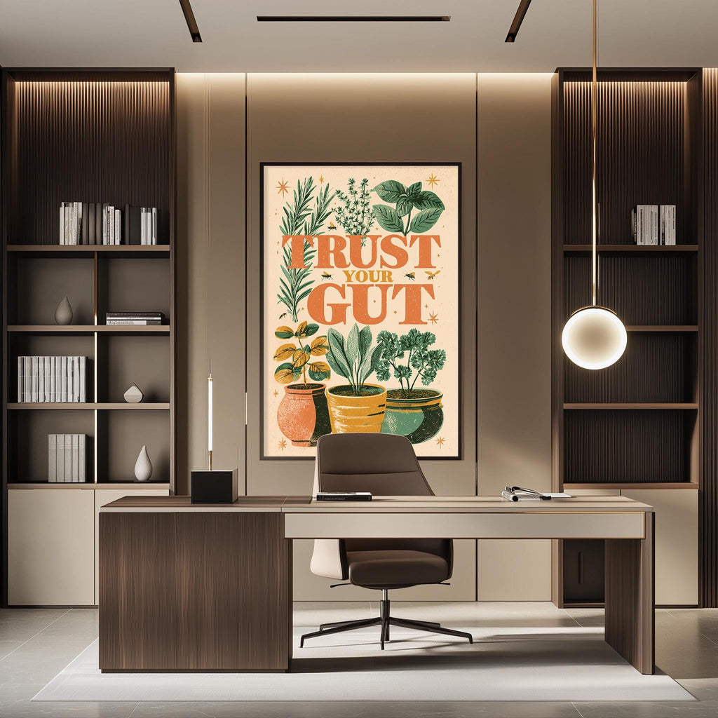 a modern office space with a large framed poster on the wall that reads "Trust Your Gut" surrounded by various plants and decorative elements.