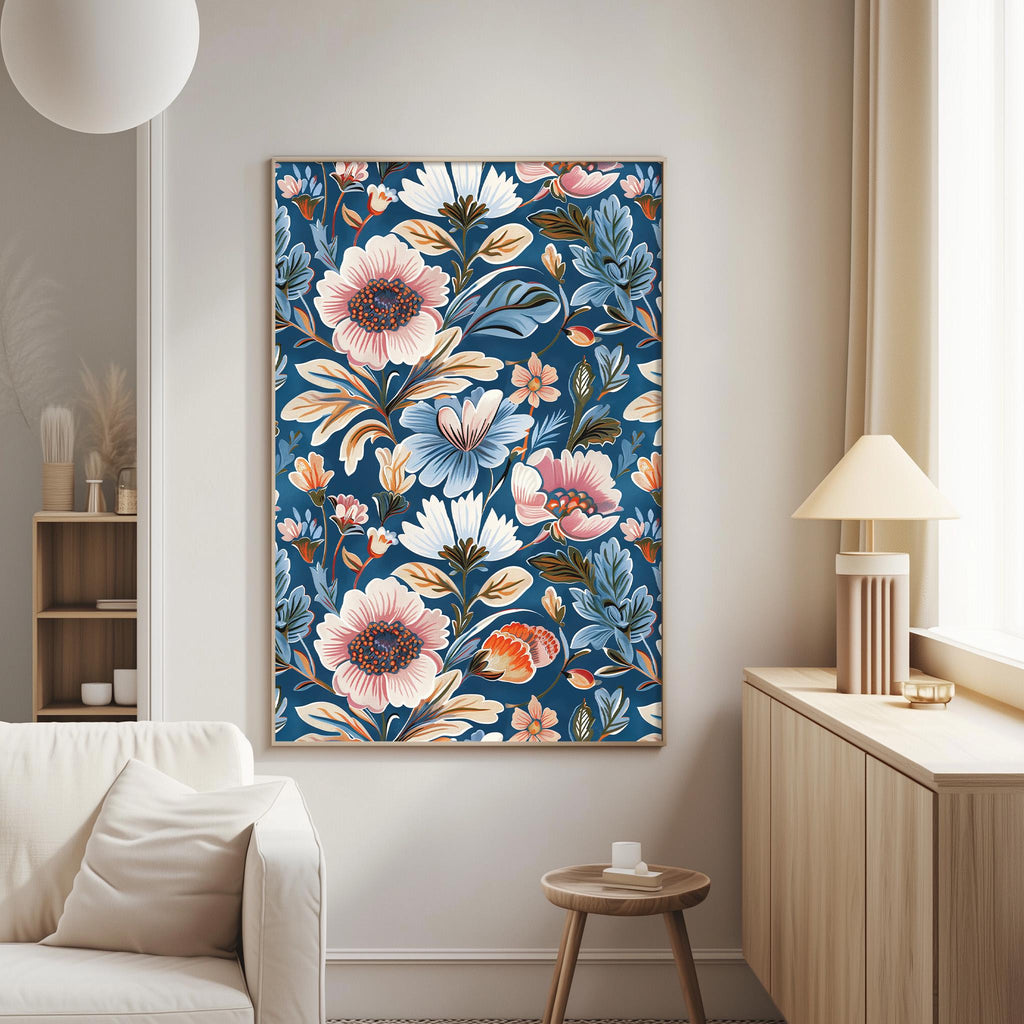 a large floral print hanging on a wall in a living room, with a white sofa and a wooden side table nearby.