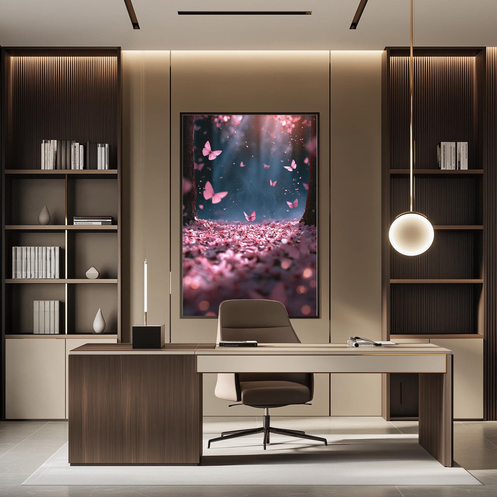 a modern and stylish office space with a large framed poster of a serene garden scene on the wall, featuring pink flowers and butterflies. The office has a wooden desk, a comfortable chair, and a bookshelf filled with books, creating a cozy and inspiring atmosphere.