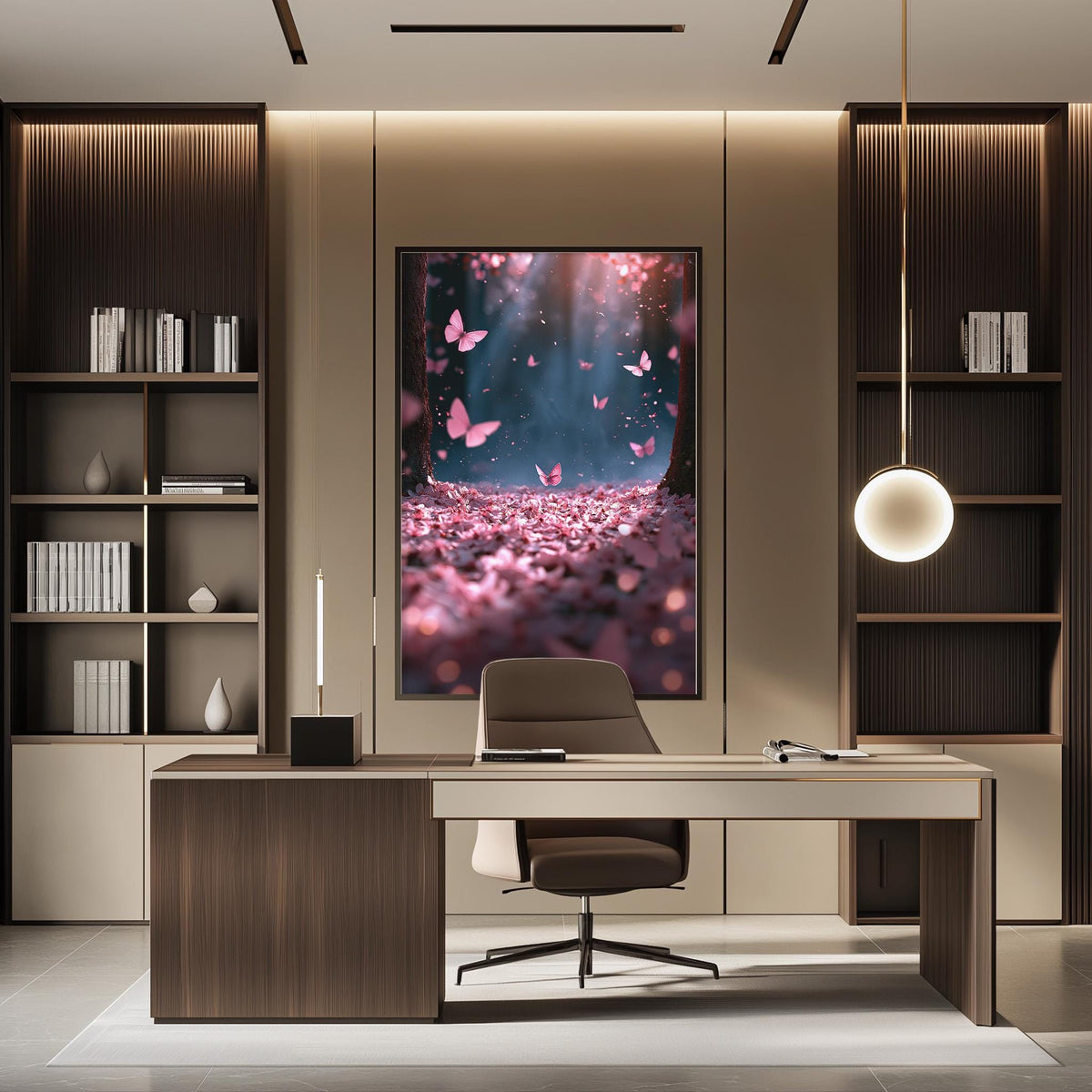 a modern and stylish office space with a large framed poster of a serene garden scene on the wall, featuring pink flowers and butterflies. The office has a wooden desk, a comfortable chair, and a bookshelf filled with books, creating a cozy and inspiring atmosphere.