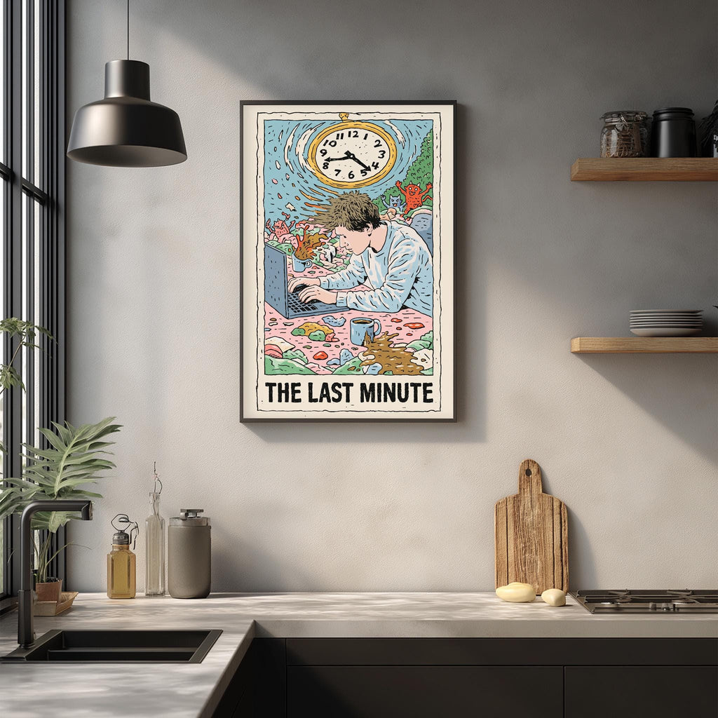 a framed illustration of a man working on a computer, with the text "The Last Minute" below the image.