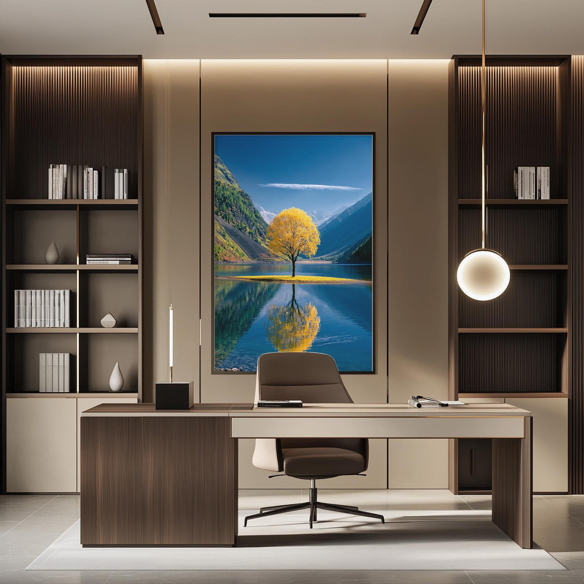 a modern office space with a large framed landscape painting depicting a serene lake and mountains in the background. The painting is hung on the wall above a wooden desk, which has a chair and a lamp. The office also includes built-in bookshelves and a minimalist design aesthetic.