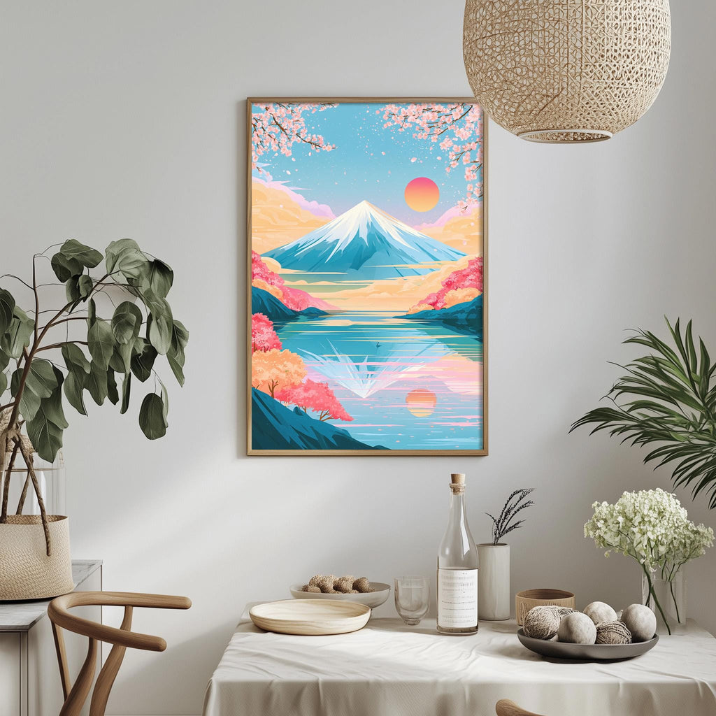 a serene and colorful landscape with a mountain, a lake, and a sunset. The scene is framed and hung on a wall, creating a focal point in the room. The table is set with various items, including a bottle, a bowl, and a vase, suggesting a dining or gathering area. The room is decorated with potted plants and other natural elements, creating a calm and inviting atmosphere.