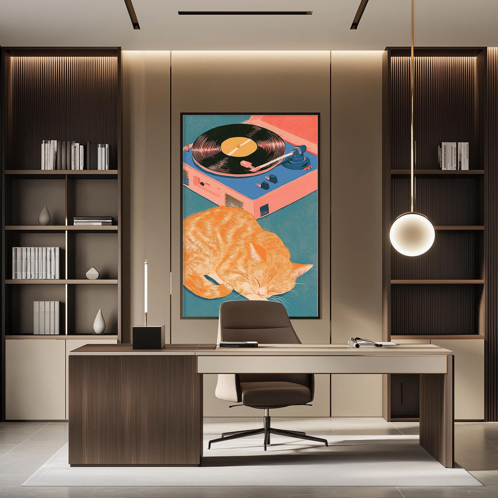 a modern office space with a large framed artwork of a cat on the wall, a desk with a chair, and a bookshelf filled with books.