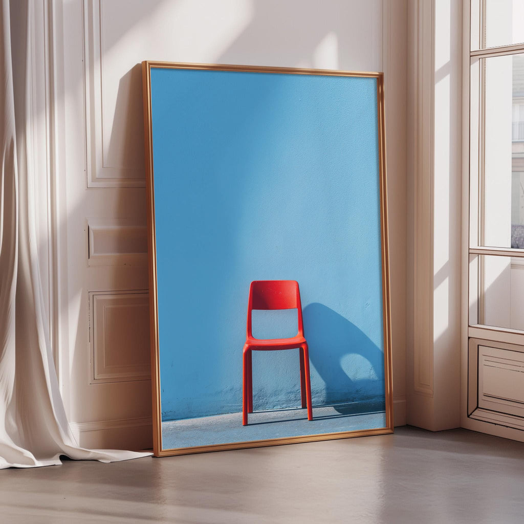 A large blue wall with a single red chair in the center, creating a striking contrast.