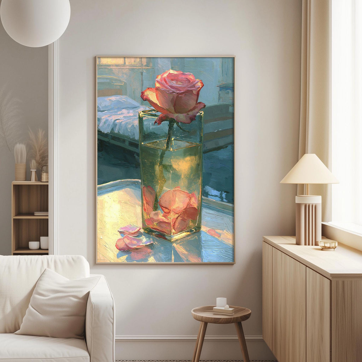 a large painting of a pink rose in a glass vase, hanging on a wall in a living room.