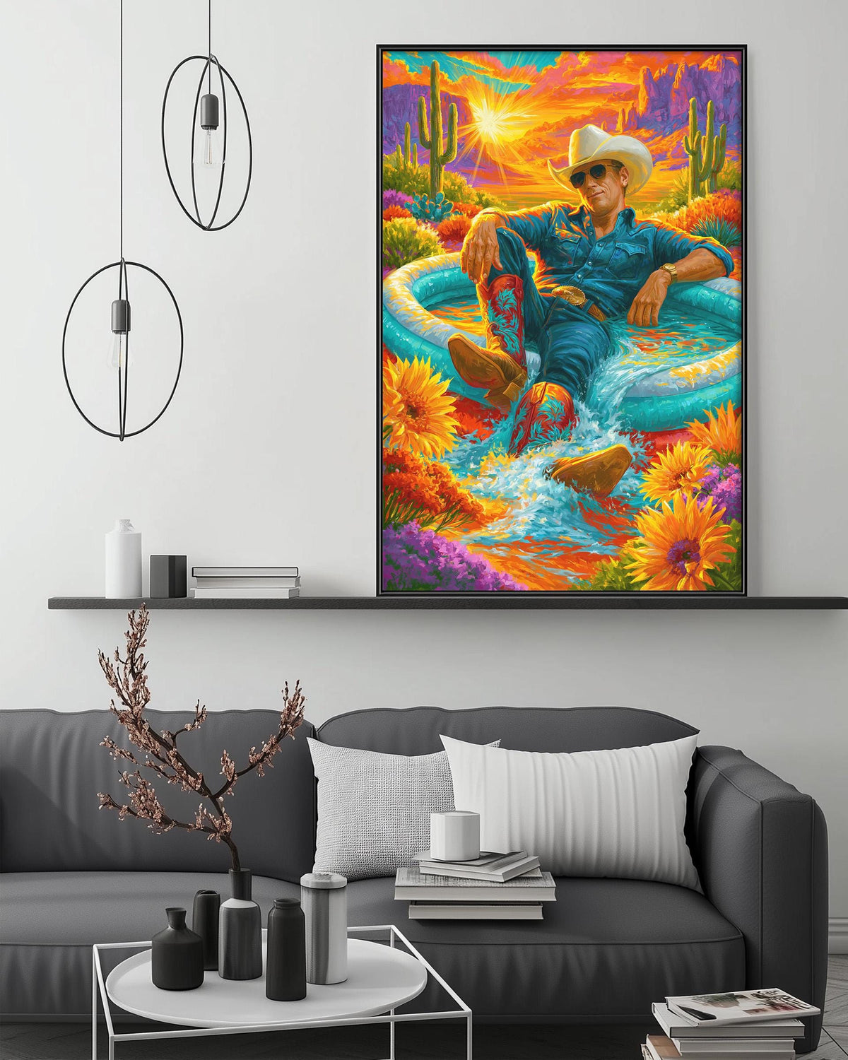 a vibrant, colorful painting of a man sitting in a pool surrounded by flowers and a desert landscape, with a cowboy hat and sunglasses on his head.