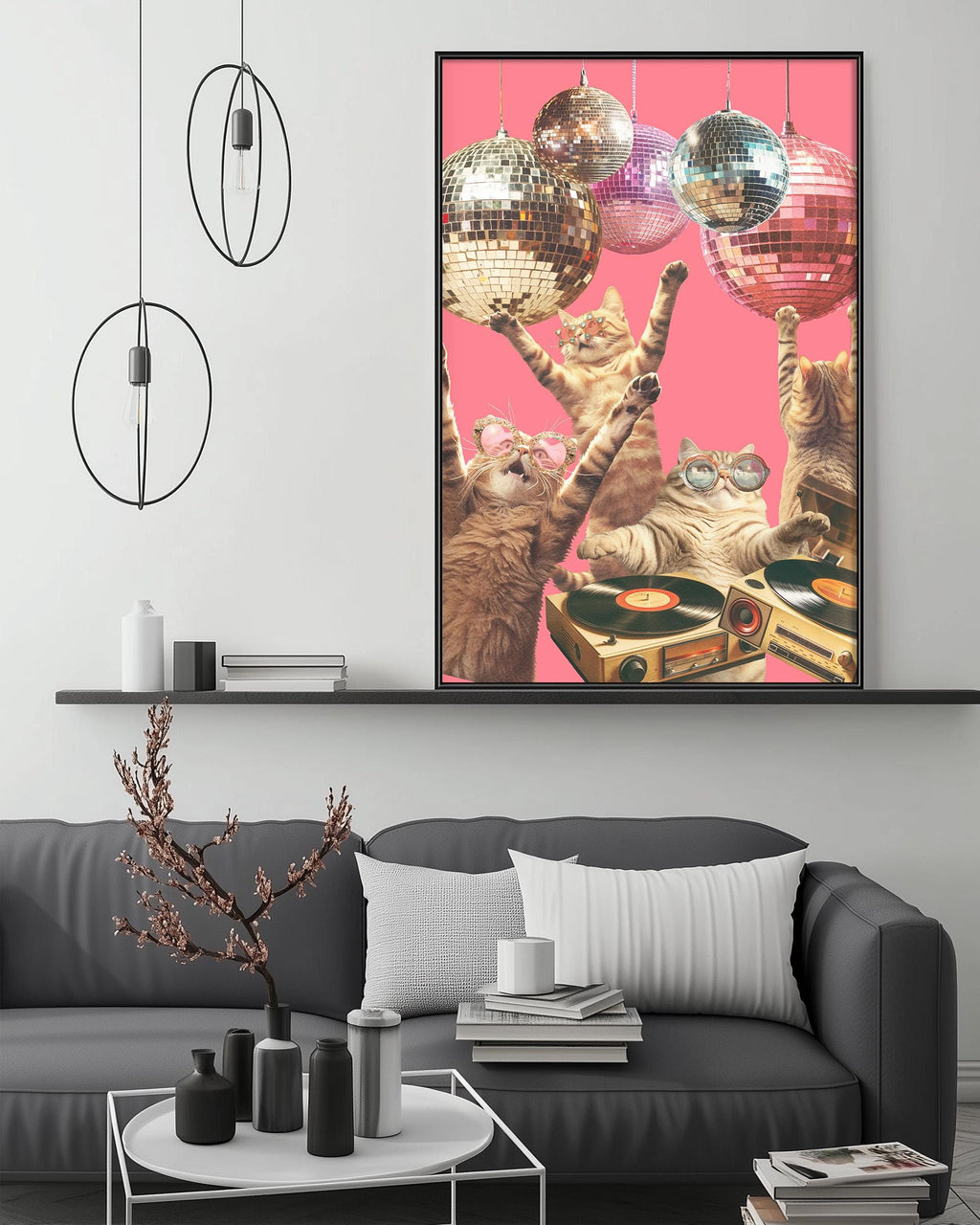 a vibrant and whimsical scene of cats dancing and enjoying themselves around disco balls and records, creating a lively and energetic atmosphere.