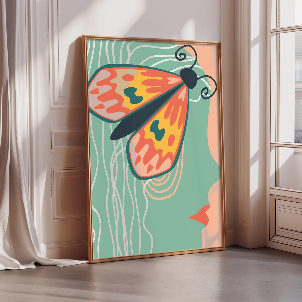 A framed poster featuring a colorful butterfly design on a green background with white lines.