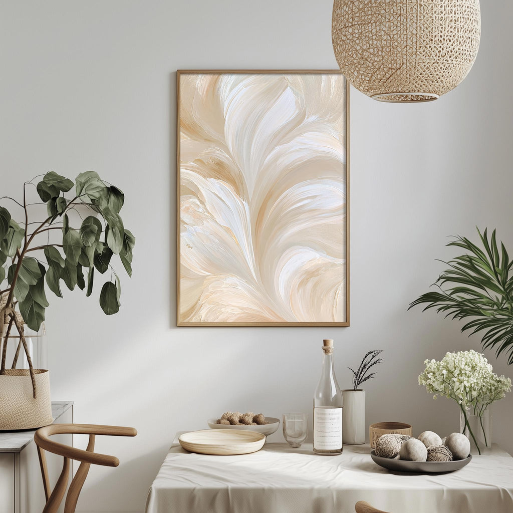 a serene and elegant dining area with a white tablecloth, a bowl of fruit, a bottle of wine, and a framed abstract painting hanging on the wall.
