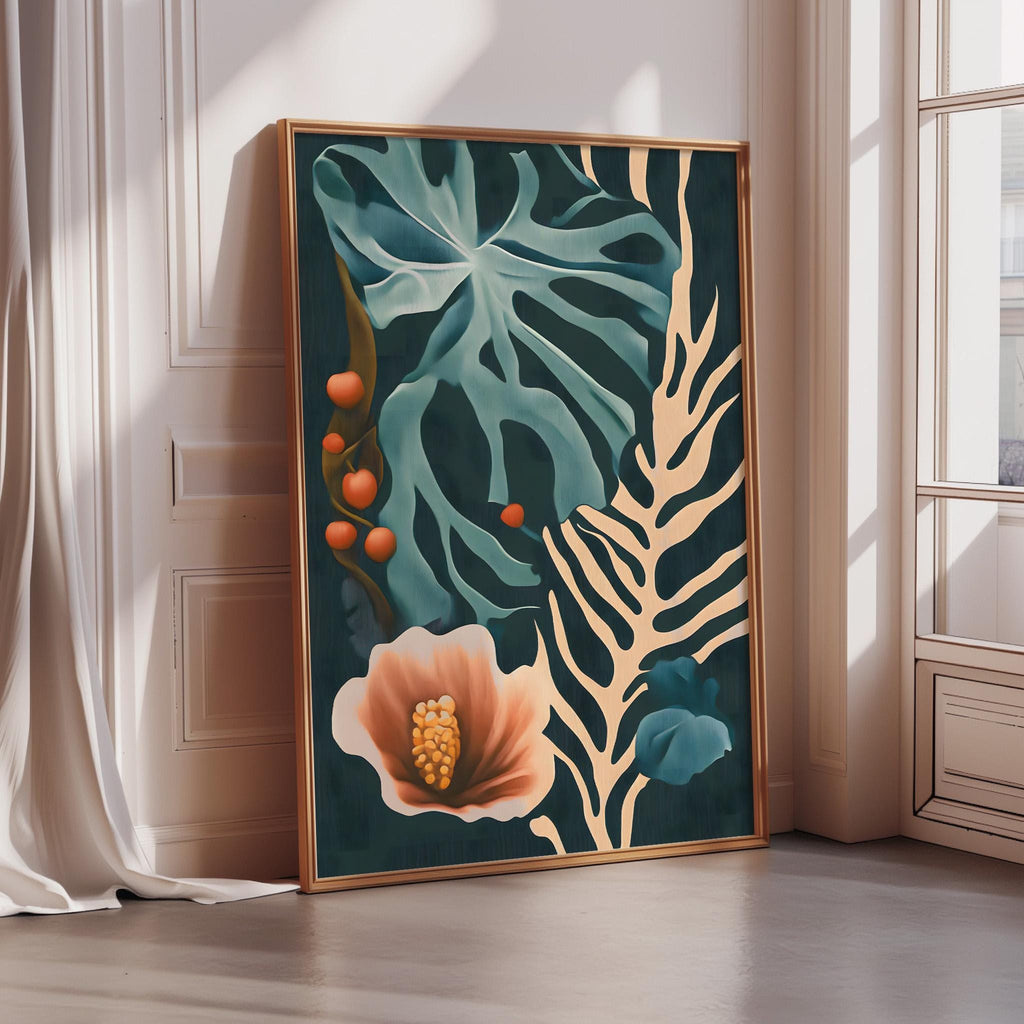 a large framed artwork depicting a tropical plant scene with a large leaf, a pink flower, and orange fruits.