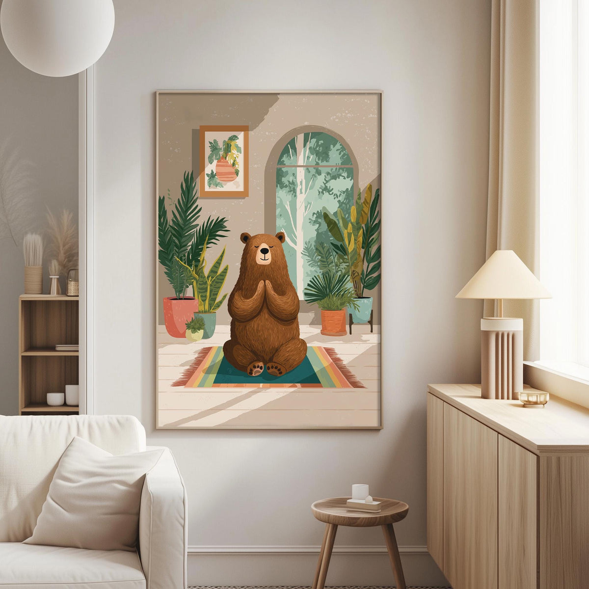 a cozy living room with a large painting of a brown bear sitting on a rug in front of a window, surrounded by potted plants and a lamp.